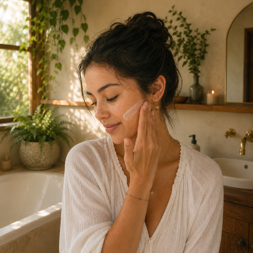 A woman with dark hair in a messy bun applies a moisturiser to her cheek. She is wearing a white textured robe in a warm, sunlit bathroom setting with a bathtub, plants, and a sink in the background.