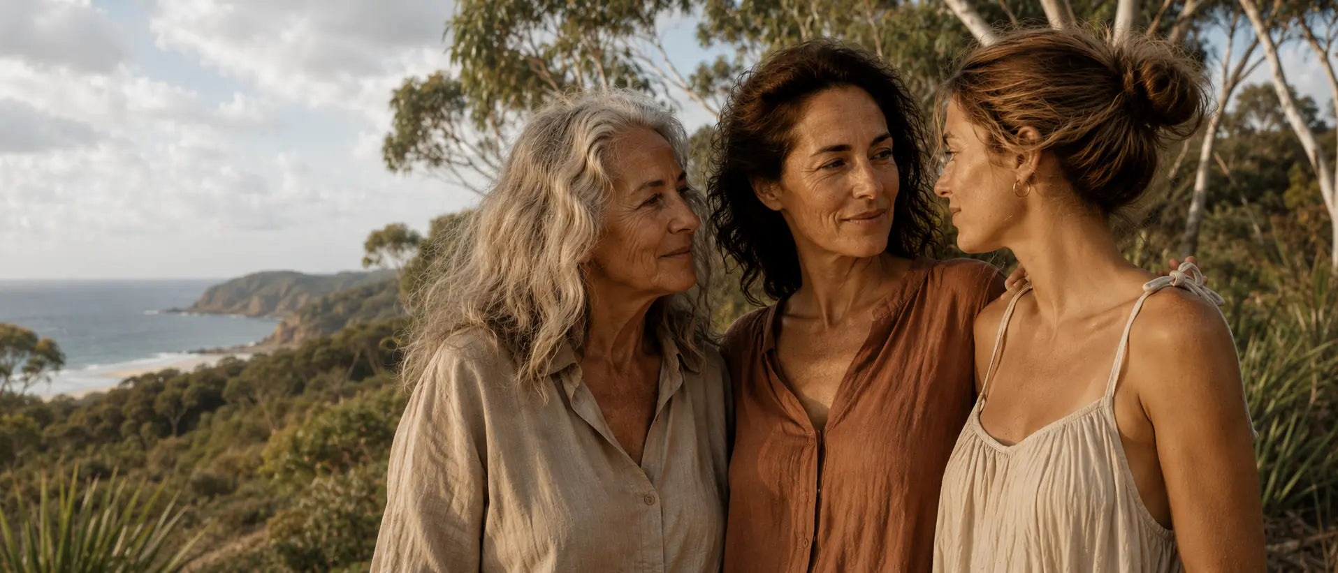 Three women standing together outdoors with a scenic background of trees and ocean.